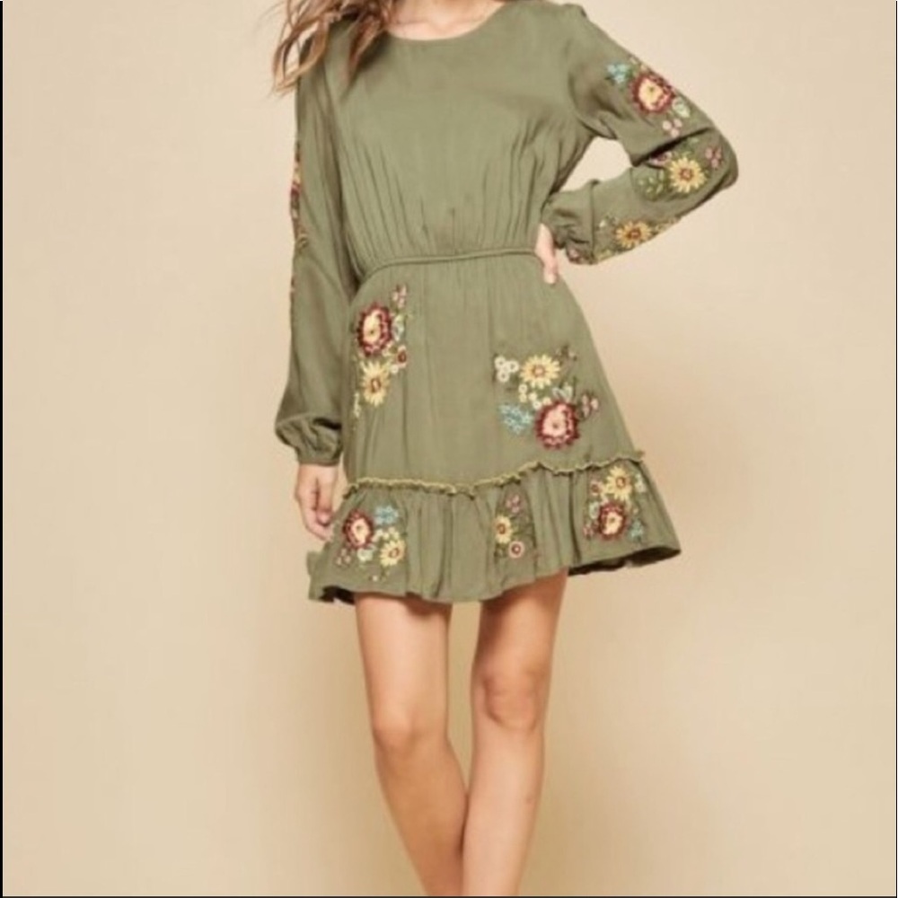 Olive Green Floral Embroidered Dress